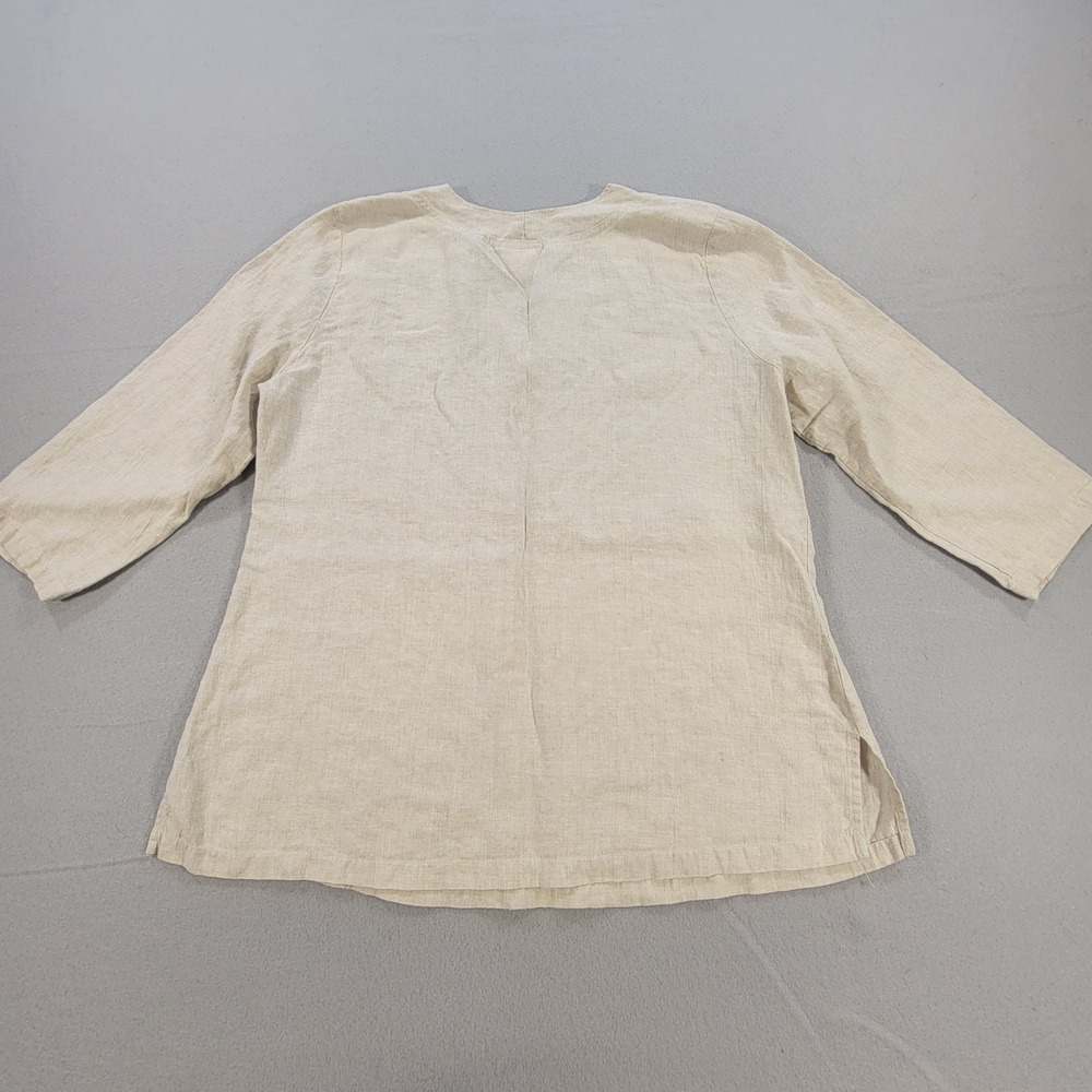 Vintage Hot Cotton Linen Blouse Women's XL Tan V Neck 3/4 Sleeve Top Made In USA - Picture 6 of 9